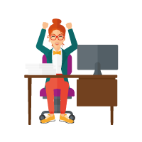 A woman sitting behind a desk is cheering.